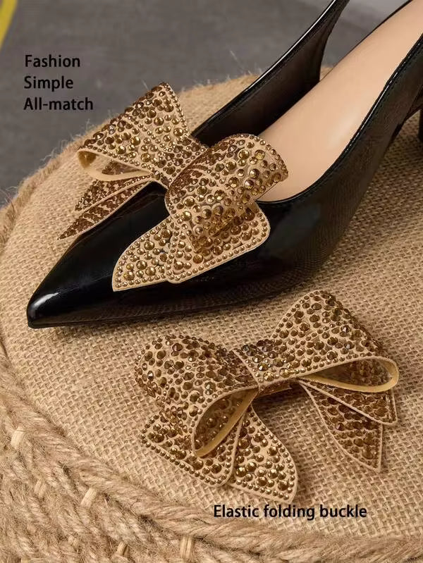 1 Pair Rhinestone Bowknot Shoe Clips, Glamorous Detachable Shoe Flower Elastic Foldable Decorative Clips, Suitable For Weddings, Parties, Galas, Versatile For High Heels, Flats, Bags