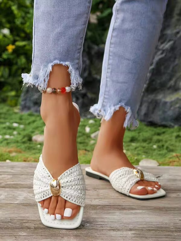 1 Pair Women's White Woven Bow Square Toe Flat Slip-On Slides, Gold Decor, Cute Elegant Fashion Summer Design
